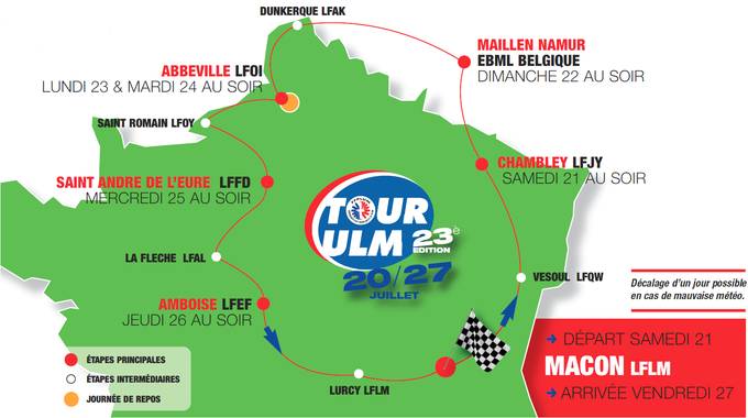 Carte du parcours du Tour ULM 2018